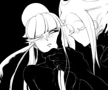 2boys angry asymmetrical_eyes big_hand black_background closed_eyes demi_(dizzyspells) dizzyspells eyelashes feminine hand_on_another&#039;s_chin heavenface_(cibastion) holding holding_face huge_hands long_hair looking_at_another looking_to_the_side male_focus monster monster_boy multiple_boys no_mouth original parted_lips ponytail sharp_teeth sidelocks teeth trap upper_body