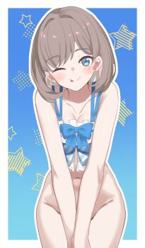1girl ;p bikini bikini_top_only blue_background blue_bikini blue_eyes border bottomless breasts breasts_squeezed_together cleavage commentary covering_crotch covering_privates cowboy_shot diagonal-striped_bikini diagonal-striped_clothes frilled_bikini frills grey_hair highres looking_at_viewer love_live! love_live!_superstar!! one_eye_closed outline outside_border short_hair solo soyo1558686 star_(symbol) star_symbol_background striped_clothes swimsuit tang_keke tongue tongue_out v_arms white_border white_outline