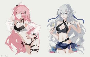 2girls alcohol alternate_costume bare_shoulders bikini black_bikini black_nails blue_sarong breasts bronya_zaychik bronya_zaychik_(silverwing:_n-ex) bronya_zaychik_(summer_2022) champagne champagne_flute chinese_commentary cleavage commentary_request cup diamond-shaped_pupils diamond_(shape) drinking_glass elf elysia_(herrscher_of_human:_ego)_(honkai_impact) elysia_(honkai_impact) grey_background grey_eyes grey_hair hair_ornament highres holding holding_cup honkai_(series) honkai_impact_3rd large_breasts long_hair momo364909 multiple_girls navel official_alternate_costume pink_hair pointy_ears purple_eyes sarong stomach swimsuit symbol-shaped_pupils thigh_strap thighs v very_long_hair