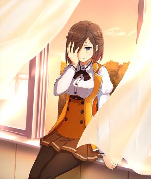 1girl black_thighhighs breasts brown_hair brown_skirt brown_vest buttons closed_mouth cloud curtains dot_nose double-breasted dutch_angle evening feet_out_of_frame game_cg gradient_sky hair_over_one_eye half_updo hand_on_own_face indoors large_breasts long_shirt long_sleeves official_art on_windowsill one_eye_covered open_window orange_sky purple_eyes sasano_miyako see-through_curtains shirt short_hair sitting skirt sky solo thighhighs third-party_source toji_no_miko toji_no_miko:_kizamishi_issen_no_tomoshibi tree underbust vest white_shirt wind window yellow_sky