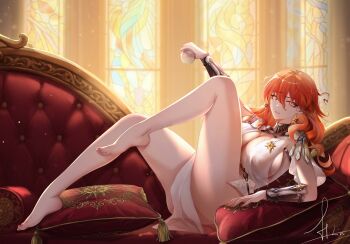 1girl absurdres ancient_greek_clothes arm_armor armor augusta_(wuthering_waves) barefoot breasts cleavage colored_inner_hair couch cup dress earrings greco-roman_clothes hair_between_eyes highres holding holding_cup jewelry large_breasts linjianga_lin long_hair looking_at_viewer lying multicolored_hair on_couch on_side orange_hair pillow red_eyes red_nails sideboob soles solo sun_earrings sun_necklace thighs wavy_hair white_dress wuthering_waves