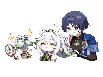 1boy 1girl absurdres alternate_hairstyle armlet armor black_bodysuit black_bridal_gauntlets black_hair blue_cape blue_gemstone blunt_ends blush bodysuit bow-shaped_hair bracelet braid braided_hair_rings bridal_gauntlets brushing_another&#039;s_hair brushing_hair cape chest_jewel closed_eyes closed_mouth covered_collarbone cropped_torso eyelashes eyeliner eyeshadow feathers gem genshin_impact gold gold_trim green_eyes green_gemstone green_hair hair_between_eyes hair_brush hair_down hair_intakes hair_ornament hair_rings hand_mirror highres holding holding_another&#039;s_hair holding_mirror japanese_armor japanese_clothes jewelry kimono kote kurokote leaf leaf_hair_ornament long_hair looking_at_another makeup mandarin_collar mirror multicolored_hair nahida_(genshin_impact) oishii_sasa open_clothes open_kimono open_mouth pointy_ears pom_pom_(clothes) purple_eyes red_eyeliner red_eyeshadow reflection scaramouche_(genshin_impact) short_hair shoulder_peek smile sparkling_eyes streaked_hair tareme vision_(genshin_impact) wanderer_(genshin_impact) white_background white_hair white_kimono wispy_bangs yellow_feathers