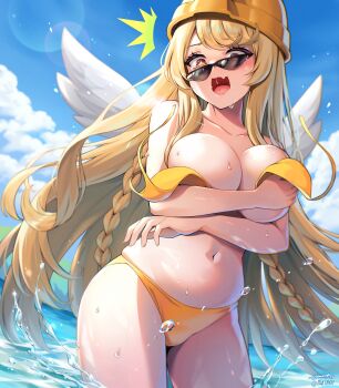 1girl ^^^ absurdres bikini bloody0rabby blue_sky braid breasts brown_hair cloud collarbone commentary_request day erpin_(trickcal) feathered_wings helmet highres large_breasts long_hair looking_at_viewer navel open_mouth orange_helmet outdoors red_eyes sky solo swimsuit trickcal twin_braids very_long_hair wading wardrobe_malfunction water wet white_wings wings yellow_bikini