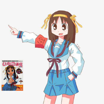 Rule 34 | 1girl, armband, artist name, azumanga daiou, blue sailor collar, blue skirt, brown eyes, brown hair, collarbone, commentary, cosplay, cover, cover page, hair ribbon, highres, kasuga ayumu, kita high school uniform, official alternate costume, official art inset, open mouth, orange ribbon, red armband, reference inset, ribbon, sailor collar, school uniform, shirt, simple background, skirt, solo, standing, suzumiya haruhi, suzumiya haruhi (cosplay), suzumiya haruhi no yuuutsu, tds 700, white background, white shirt, winter uniform