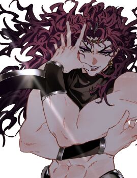 1boy abs arm_blade arms_up bad_tag battle_tendency black_shirt cowboy_shot crop_top earrings eyeshadow floating_hair highres jewelry jojo_no_kimyou_na_bouken kars_(jojo) lipstick long_hair looking_at_viewer lower_eyelashes_only makeup male_focus midriff muscular muscular_male piercing purple_eyes purple_hair purple_lips shirt sleeveless sleeveless_shirt solo tiara uzuki_uzu v-shaped_eyebrows weapon white_background
