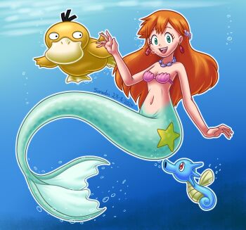 1girl 2024 20s absurdres animal august bikini bird breasts bubble cleavage collarbone dated duck earrings fish gen_1_pokemon green_eyes highres horsea jewelry long_hair mermaid misty_(pokemon) monster_girl navel necklace nintendo ocean open_mouth orange_hair pink_bikini pokemon pokemon_(anime) pokemon_(classic_anime) pokemon_(creature) psyduck seahorse shell shell_bikini small_breasts smile sorachijirachi star_(symbol) swimming swimsuit teeth underwater water waving