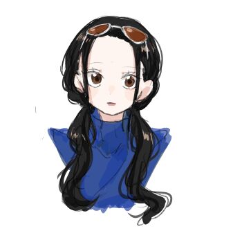 1girl black_hair blue_sweater brown_eyes closed_mouth eyelashes eyewear_on_head highres looking_at_viewer n_i_c0 nico_robin one_piece one_piece_film:_z sidelocks simple_background solo sweater turtleneck twintails white_background