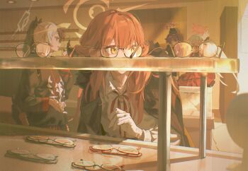 4girls absurdres aru_(blue_archive) black-framed_eyewear black_hair black_sweater blue_archive chinese_commentary closed_eyes coat coat_on_shoulders collared_shirt commentary_request dress glasses gloves hair_over_shoulder halo haruka_(blue_archive) hat highres indoors kayoko_(blue_archive) long_hair multiple_girls mutsuki_(blue_archive) neck_ribbon plaid_clothes plaid_skirt ponytail problem_solver_68_(blue_archive) red-framed_eyewear red_eyes red_halo red_ribbon ribbon shelf shirt shop skirt sweater waving white_gloves white_hair white_shirt yellow_eyes yu-y_(824412)