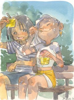 Rule 34 | 2025, 2girls, bandaid, bandaid on knee, bandaid on leg, bench, black eyes, black hair, blue shorts, blue sky, commentary request, condensation, cup, dappled sunlight, earrings, eating, food, hair ornament, hairclip, highres, holding, holding cup, holding spoon, ice cream, ichiki hisako, ichiki hisako (ultimate x-men 2024), jewelry, lightning bolt earrings, lightning bolt symbol, long hair, looking at another, marvel, maystorm (marvel), midriff, multiple girls, on bench, open mouth, outdoors, painting (medium), peach momoko, shirt, short hair, shorts, sitting, sketch, sky, spoon, striped clothes, striped shirt, summer, sunlight, sweat, t-shirt, traditional media, ultimate x-men (2024), watercolor (medium), white hair, white shirt, wooden bench, x-men, yellow shorts