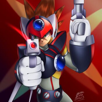 Rule 34 | 1boy, aiming, aiming at viewer, android, animemaster, armor, axl (mega man), black armor, brown hair, chest jewel, clenched hands, cross scar, dated, dual wielding, facial mark, finger on trigger, forehead jewel, gloves, green eyes, gun, helmet, highres, holding, holding gun, holding weapon, jewelry, long hair, male focus, mega man (series), mega man x (series), red helmet, robot, robot ears, scar, scar on face, signature, smile, solo, solo focus, spiked hair, two-tone background, upper body, weapon, white gloves