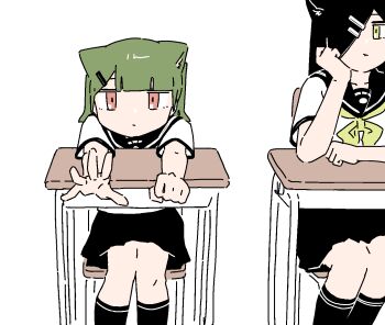 2girls animal_ears animated animated_gif black_hair black_socks cat_ears cat_girl chair desk expressionless green_hair hands_on_own_face kneehighs low_twintails multiple_girls one_eye_closed rag-chan ragcats red_eyes rid0922 school_chair school_desk school_uniform serafuku simple_background sitting skirt socks twintails wuno-chan yellow_eyes