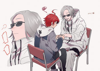 Rule 34 | 2boys, absurdres, ahoge, aotsuki eito, bandaid, bandaid on finger, bandaid on hand, black gloves, black jacket, black streaks, blank speech bubble, blue eyes, chair, commentary request, dorodorodo412, facing another, first aid, gloves, grey hair, grey jacket, highres, hood, hoodie, jacket, jacket over hoodie, looking at another, male focus, multicolored hair, multicolored jacket, multiple boys, multiple views, on chair, open mouth, pants, pocket, red hair, short hair, simple background, sitting, sleeve pouch, smile, speech bubble, squiggle, streaked hair, sumino takumi, sweatdrop, the hundred line -last defense academy-, two-tone hair, two-tone jacket, unworn gloves, white background, white hoodie, white jacket, white pants