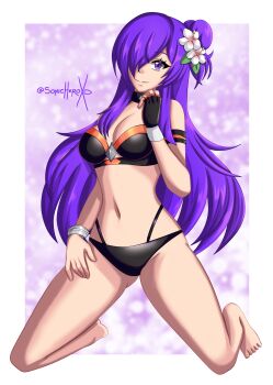 1girl absurdres alternate_costume bare_legs barefoot bikini black_bikini black_swimsuit breasts choker cleavage female_focus female_shez_(fire_emblem) fingerless_gloves fire_emblem fire_emblem:_three_houses fire_emblem_heroes fire_emblem_warriors:_three_hopes flower gloves gluteal_fold hair_flower hair_ornament hair_over_one_eye highres kneeling legs long_hair looking_at_viewer medium_breasts midriff nintendo official_alternate_costume purple_eyes purple_hair smile sonicheroxd swimsuit very_long_hair