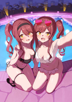 2girls absurdres armpits bikini black_bikini black_hairband blush breasts cleavage collarbone commentary_request eyewear_on_head frilled_bikini frills hairband heart heart-shaped_eyewear highres holding_hands idolmaster idolmaster_shiny_colors idolmaster_shiny_colors_song_for_prism kneeling long_hair looking_at_viewer medium_breasts multiple_girls navel open_mouth osaki_amana osaki_tenka outdoors outstretched_arm pool poolside reaching reaching_towards_viewer red-tinted_eyewear red_hair selfie siblings side_ponytail sisters smile sunglasses sweat swept_bangs swimsuit tinted_eyewear twins v wanitaroo._(waniwani_panic) water white_bikini yellow-framed_eyewear yellow_eyes