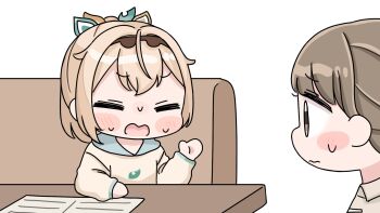 2girls blonde_hair blush_stickers brown_eyes brown_hair brown_hoodie brown_shirt chibi closed_mouth collared_shirt couch highres hololive hood hood_down hoodie kazama_iroha long_hair long_sleeves mochimiko multiple_girls on_couch ponytail profile puffy_long_sleeves puffy_sleeves shirt simple_background sitting small_sweatdrop sweat table virtual_youtuber wavy_mouth white_background