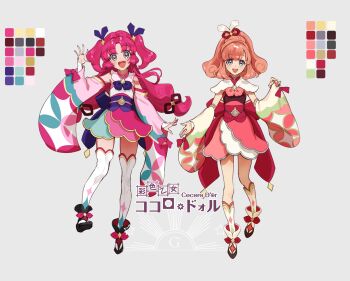 2girls black_eyes boots bow bowtie commentary_request curly_hair detached_sleeves galibo hair_ornament highres japanese_clothes kimono lolita_fashion magical_girl multiple_girls obi open_mouth original pink_hair sash short_hair smile thighhighs twintails wa_lolita white_thighhighs wide_sleeves