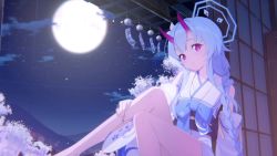 1girl animated blue_archive blue_hair blue_halo blue_ribbon braid breasts chise_(blue_archive) cloud demon_horns fan feet_out_of_frame from_below full_moon halo hand_fan highres horns japanese_clothes japanese_house long_hair looking_at_viewer looking_down moon night night_sky official_art oni paper_fan red_eyes ribbon screencap sitting sky small_breasts star_(sky) starry_sky tagme tree video