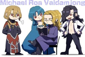 Rule 34 | 1girl, 3boys, arms behind back, bad id, bad pixiv id, black hair, blonde hair, blue hair, braid, braided ponytail, chibi, ciel (tsukihime), closed eyes, closed mouth, collared shirt, corruption, crossed legs, dark persona, dual persona, evil smile, expressionless, fate/grand order, fate (series), glasses, hair over one eye, jewelry, looking at another, melty blood, michael roa valdamjong, michael roa valdamjong (human), multiple boys, multiple persona, necklace, open clothes, open shirt, ponytail, possessed, possession, priest, reading, red eyes, roa-ciel, sharp teeth, shirt, sitting, smile, tarantella (fate), teeth, tsukihime, vampire