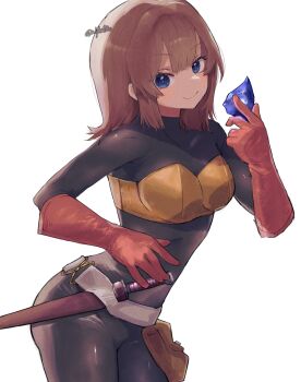 Rule 34 | 1girl, belt, black bodysuit, blue eyes, blue gem, blunt bangs, bodysuit, breasts, brown hair, commentary request, cou (captain armstrong), cowboy shot, double-parted bangs, dragon quest, dragon quest iii, gem, gloves, highres, holding, holding gem, knife, knife sheath, looking at viewer, medium breasts, medium hair, red gloves, sheath, sheathed, smile, solo, thief (dq3), twitter username, white background, white belt