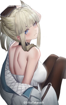 Rule 34 | 1girl, absurdres, alternate hairstyle, animal ears, arknights, arknights: endfield, arm behind head, artist name, backless dress, backless outfit, bare back, bare shoulders, bird ears, bird girl, black gloves, black pantyhose, blonde hair, blue eyes, blunt bangs, blush, breasts, closed mouth, commentary, dress, english commentary, erlisa takanashi, from behind, gloves, highres, jacket, large breasts, open clothes, open jacket, pantyhose, perlica (arknights), sleeveless, sleeveless dress, solo, white dress, white jacket