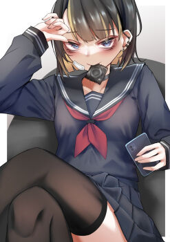 1girl aegyo_sal bandage_on_cheek black_hair black_thighhighs blonde_hair blue_eyes cellphone colored_inner_hair condom condom_in_mouth crossed_legs ear_piercing hand_up highres holding holding_phone long_sleeves looking_at_viewer mizunochika mouth_hold multicolored_hair neckerchief original phone piercing red_neckerchief sailor_collar school_uniform serafuku short_hair sitting smartphone solo streaked_hair thighhighs