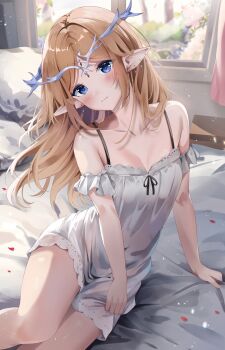 1girl aizawa_(aizawatsu) alternate_costume bare_shoulders blue_eyes breasts cartethyia_(wuthering_waves) closed_mouth collarbone commentary crown_of_thorns dress earrings highres indoors jewelry long_hair looking_at_viewer orange_hair pointy_ears red_petals sidelocks sitting small_breasts solo tacet_mark_(wuthering_waves) white_dress wuthering_waves