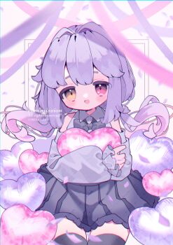 1girl :d artist_name bare_shoulders black_bow black_bowtie black_skirt black_thighhighs blush bow bowtie collared_shirt commentary commission cowboy_shot detached_sleeves double-parted_bangs frilled_sleeves frills grey_shirt grey_sleeves heart heterochromia highres holding holding_heart long_hair long_sleeves looking_at_viewer low_twintails open_mouth original pleated_skirt purple_hair red_eyes sample_watermark shirt skirt sleeveless sleeveless_shirt smile solo thighhighs twintails upa_papa_co watermark watermark_grid yellow_eyes zettai_ryouiki