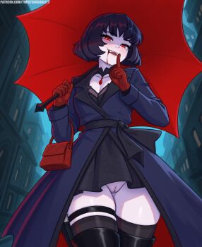 1girl black_hair black_skirt black_thighhighs blood blood_on_face blue_jacket city cleft_of_venus commentary deadlock_(game) english_commentary finger_to_mouth gloves highres holding holding_umbrella index_finger_raised jacket looking_at_viewer mina_(deadlock) no_panties open_mouth outdoors patreon_username pussy red_eyes red_gloves red_umbrella short_hair shushing skirt thighhighs thighs twistedscarlett60 umbrella uncensored vampire