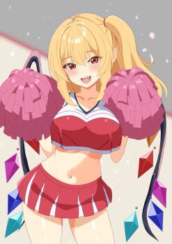 1girl :d alternate_breast_size_(larger) alternate_costume aqua_wings black_wings blonde_hair blue_wings blush breasts cheerleader collarbone commentary_request cowboy_shot crystal_wings eyebrows_hidden_by_hair eyelashes fang flandre_scarlet ganon_capybara grey_background hair_between_eyes hands_up highres large_breasts light_particles looking_at_viewer medium_hair microskirt midriff multicolored_wings navel one_side_up open_mouth orange_wings pleated_skirt pointy_ears pom_pom_(cheerleading) purple_wings red_eyes red_skirt red_tank_top red_wings skirt skirt_set smile solo standing tank_top thick_thighs thighs tongue touhou two-tone_background two-tone_skirt white_background white_skirt white_tank_top wings