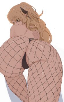 1girl ass ass_focus back bare_shoulders black_bow black_panties blonde_hair bow cameltoe eyepatch fischl_(genshin_impact) fishnet_pantyhose fishnets from_behind genshin_impact green_eyes hair_ribbon highres huge_ass long_hair looking_at_viewer looking_back mirai_hikari panties pantyhose ribbon shiny_skin simple_background solo thick_thighs thighs thong topless_female two_side_up underwear white_background