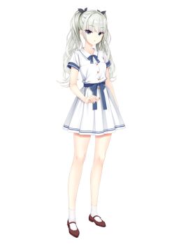 Rule 34 | 1girl, blue bow, blue bowtie, blue eyes, bow, bowtie, brown shoes, collared shirt, full body, grey hair, hair ribbon, kobuichi, koishikawa miku, limelight lemonade jam, long hair, looking at viewer, official art, open mouth, pleated skirt, ribbon, shirt, shoes, short sleeves, skirt, socks, solo, tachi-e, transparent background, twintails, white shirt, white skirt, white socks, yuzusoft