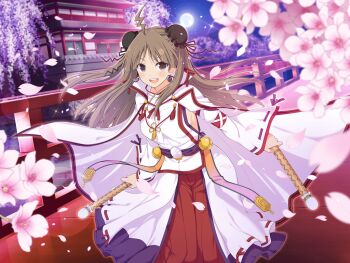 Rule 34 | 1girl, :d, ahoge, architecture, bell, blush, breasts, bridge, brown eyes, brown hair, bun cover, cape, castle, cherry blossoms, chinese knot, detached sleeves, double bun, drumsticks, earrings, east asian architecture, falling petals, flower, full moon, game cg, hair bun, hakama, hakama skirt, japanese clothes, jewelry, jingle bell, kimono, large breasts, lens flare, lightning ahoge, long hair, long sleeves, looking at viewer, mikagura uniform, miko, mitsudomoe (shape), moon, mystical high collar, night, nontraditional miko, official art, open mouth, petals, pink flower, plant, purple leaf, red hakama, red skirt, renka (senran kagura), ribbon-trimmed kimono, ribbon-trimmed sleeves, ribbon trim, senran kagura, senran kagura estival versus, senran kagura new link, sideboob, skirt, smile, solo, sparkle, taiko sticks, tassel, teeth, tomoe (symbol), tongue, tree, upper teeth only, white cape, white sleeves, wide sleeves