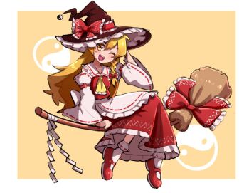 Rule 34 | blinking, blonde hair, blush, bow, broom, clover (clover11 40), commentary, cosplay, detached sleeves, english commentary, full body, hakurei reimu, hakurei reimu (cosplay), happy, hat, kirisame marisa, long hair, open mouth, red bow, red shoes, red skirt, redrawn, shoes, simple background, skirt, solo, touhou, witch hat, yellow background, yin yang
