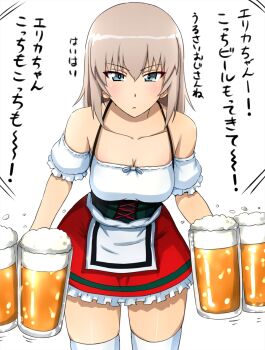 1girl alcohol alternate_costume beer beer_mug blue_eyes blush breasts closed_mouth collarbone commentary cup dirndl feet_out_of_frame frilled_skirt frills frown german_clothes girls_und_panzer glaring grey_hair halterneck highres holding holding_cup itsumi_erika large_breasts leaning_forward long_hair looking_at_viewer medium_breasts miniskirt motion_lines mug off-shoulder_shirt off_shoulder omachi_(slabco) red_skirt shirt simple_background skirt solo standing thighhighs translated white_background white_shirt white_thighhighs