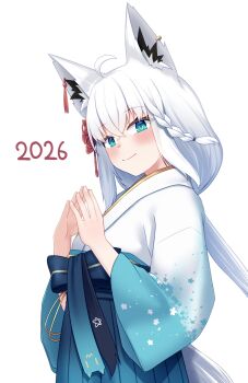 1girl 2026 ahoge animal_ear_fluff animal_ear_piercing animal_ears aqua_eyes blue_hakama blue_kimono blue_skirt blush closed_mouth commentary_request fox_ears fox_girl fox_tail gradient_clothes gradient_kimono hair_between_eyes hair_ornament hakama hakama_skirt high-waist_skirt highres hololive japanese_clothes kanzashi kimono llxr18 long_hair long_sleeves looking_at_viewer new_year obi official_alternate_costume official_alternate_hairstyle pleated_skirt sash shirakami_fubuki shirakami_fubuki_(new_year) simple_background skirt smile solo tail very_long_hair white_background white_kimono wide_sleeves
