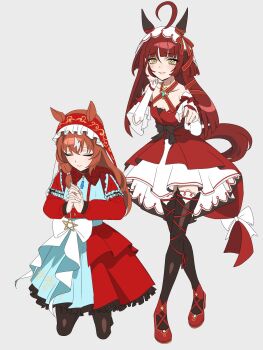 2girls ahoge animal_ears bare_shoulders black_thighhighs brown_hair closed_eyes cosplay costume_switch detached_sleeves frilled_skirt frills grey_background hashtag-only_commentary highres horse_ears horse_girl long_hair looking_at_viewer multiple_girls nijuke2 pose_switch red_desire_(umamusume) simple_background skirt still_in_love_(scarlet_vow_raiment)_(umamusume) still_in_love_(umamusume) thighhighs umamusume white_sleeves yellow_eyes