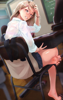 Rule 34 | 3girls, back, barefoot, black hair, blonde hair, blue eyes, chair, classroom, commentary request, desk, earrings, eyeliner, feet, glasses, grin, gyaru, hair ornament, hairclip, highres, indoors, jewelry, lips, long hair, makeup, multiple girls, natsui tuna, original, pleated skirt, revision, school chair, school desk, school uniform, shoes, short hair, sitting, skirt, smile, soles, solo focus, spread toes, toes, uwabaki, v