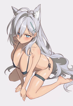 1girl absurdres ahoge airseal alternate_costume animal_ears barefoot between_legs bikini blue_archive blue_hair breasts bright_pupils cleavage commentary_request extra_ears full_body grey_hair hair_ornament hair_spread_out hairclip hand_between_legs highres large_breasts long_hair looking_at_viewer parted_bangs shiroko_terror_(blue_archive) sideboob sidelocks sitting solo string_bikini swimsuit tan thigh_gap very_long_hair wariza white_background white_pupils wolf_ears