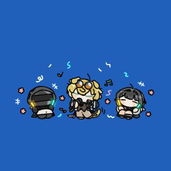 Rule 34 | 1boy, 1girl, 1other, abelllllllll, ahoge, animal ears, arknights, black footwear, black hair, black hood, black mask, black shirt, blonde hair, blue-tinted eyewear, blue background, blue eyes, blush, bracelet, brother and sister, brother and step-sister, chibi, chinese commentary, doctor (arknights), dog boy, dog ears, dog tail, eyewear on head, feather hair, flower, grey pants, hair between eyes, hair intakes, highres, holding lightstick, hood, hood up, hooded jacket, jacket, jewelry, la pluma (arknights), lightstick, mask, microphone, music, musical note, orange shoes, pants, shirt, shoes, siblings, singing, step-brother and step-sister, step-siblings, sunglasses, tail, tail wagging, tequila (arknights), tequila (top tier live) (arknights), tinted eyewear, translation request