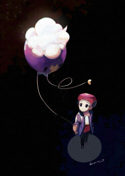 1boy backpack bad_id bad_pixiv_id bag balloon black_eyes black_hair black_pants closed_mouth commentary_request drifloon gen_4_pokemon hat highres holding holding_pokemon holding_string jacket looking_up lucas_(pokemon) male_focus nintendo pants pokemon pokemon_(creature) pokemon_dppt pokemon_platinum red_headwear scarf shoes short_hair standing string white_bag white_scarf yamanashi_taiki