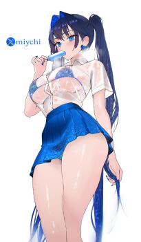 1girl ai-assisted alternate_costume alternate_hairstyle blue_eyes blue_hair blue_nails blue_panties blue_skirt bow bow_earrings breasts button_gap collared_shirt colored_inner_hair commentary earrings fanged_bangs food food_in_mouth hand_up high-waist_skirt highres holding holding_food holding_own_hair holding_popsicle hololive hololive_english jewelry large_breasts long_hair looking_at_viewer miniskirt miychi multicolored_hair nail_polish ouro_kronii panties pantyshot pleated_skirt popsicle popsicle_in_mouth school_uniform see-through_clothes see-through_shirt shirt shirt_tucked_in short_sleeves simple_background skirt solo symbol-only_commentary twintails underboob underwear very_long_hair virtual_youtuber wet wet_clothes wet_shirt white_background white_shirt