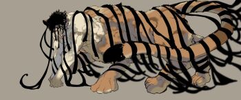 1boy akamami black_hair blood blood_from_mouth blood_on_face brown_background clenched_teeth colored_sclera dream_tiger_(govy9807) from_side full_body highres liquid looking_at_viewer male_focus monster_boy muscular muscular_male original personification red_sclera short_hair simple_background solo tail taur teeth tiger_boy tiger_tail tusks yellow_eyes