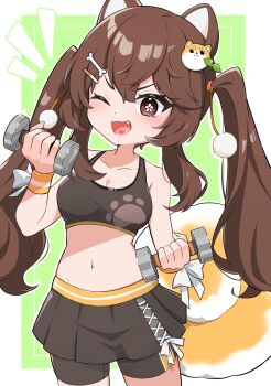 1girl ;3 absurdres aki_orange animal_hair_ornament black_shorts black_skirt black_sports_bra bone_hair_ornament border bow bra breasts bright_pupils brown_eyes brown_hair cleavage collarbone commission cowboy_shot cross-laced_clothes cross-laced_skirt determined dog_girl dog_hair_ornament dual_wielding dumbbell exercising fang flower-shaped_pupils green_background hair_ornament hand_up highres holding holding_dumbbell indie_virtual_youtuber long_hair looking_ahead midriff navel one_eye_closed open_mouth orange_sweatband orange_trim outline outside_border paw_print petite pom_pom_(clothes) print_bra second-party_source shiba_inu shorts shorts_under_skirt sidelocks skirt small_breasts solo sports_bra standing sweatband symbol-shaped_pupils twintails underwear v-shaped_eyebrows very_long_hair white_border white_bow white_outline white_pupils wrist_bow yellow_tail yunoru