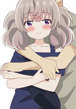 1boy 1girl absurdres blush couple head_out_of_frame highres holding_hands hug hug_from_behind purple_eyes riokasen slow_loop smile twintails white_background yoshinaga_koi