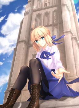 1girl ahoge andychen662000 artoria_pendragon_(fate) black_leggings blonde_hair blouse blue_bow blue_skirt blue_sky boots bow braid braided_bun brown_boots bun_with_braided_base cloud commentary_request fate/stay_night fate_(series) glastonbury_tor green_eyes hair_bow hair_bun highres lace-up_boots leggings looking_at_viewer offering_hand outdoors real_world_location saber_(fate) shirt sidelocks skirt sky smile solo white_shirt