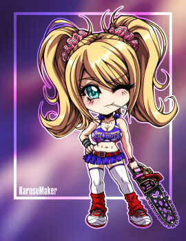 1girl ;) aqua_eyes artist_name belt blonde_hair blurry blurry_background blush breasts candy chainsaw cheerleader chibi chibi_only cleavage commission female_focus food full_body hair_ornament hair_scrunchie hand_on_own_hip holding holding_chainsaw inset_border juliet_starling karosu_maker large_breasts leg_warmers lollipop lollipop_chainsaw lollipop_in_mouth long_hair looking_at_viewer midriff miniskirt navel one_eye_closed purple_shirt purple_skirt red_belt scrunchie shirt shoes skirt smile solo standing thighhighs twintails weapon white_shoes white_thighhighs wink