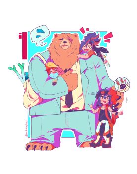 2boys aged_down anikinoakira animal_ears anton_ivanov bag bandaid bandaid_on_cheek bandaid_on_face bangboo_(zenless_zone_zero) barefoot bear_boy bear_ears ben_bigger black_hair blue_coat blue_pants blush carrying carrying_person claws coat commentary fish flying_sweatdrops furry furry_male goggles goggles_on_head grace_howard heart highres koleda_belobog looking_at_viewer luckyboo_(zenless_zone_zero) multicolored_hair multiple_boys notice_lines on_shoulder open_mouth pants red_hair safety_(zenless_zone_zero) scar scar_across_eye scar_on_face shirt shoulder_bag simple_background sleeping smile spoken_character spoken_flying_sweatdrops spring_onion streaked_hair sweat sweatdrop twitter_username white_background white_shirt zenless_zone_zero