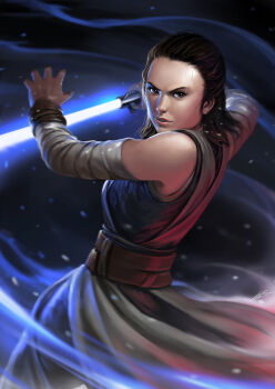 Rule 34 | 1girl, brown eyes, brown hair, detached sleeves, energy sword, female focus, fighting stance, highres, holding, holding weapon, lightsaber, lips, nose, okita, realistic, rey (star wars), sash, serious, solo, star wars, star wars: the force awakens, star wars: the last jedi, sword, weapon