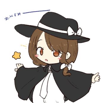 1girl black_capelet black_hat blush_stickers bow brown_eyes brown_hair capelet commentary_request deformed hair_bow hat hat_bow looking_at_viewer necktie olto_rondo open_mouth outstretched_arms parted_bangs shirt short_hair simple_background solo star_(symbol) touhou translation_request upper_body usami_renko white_background white_bow white_necktie white_shirt