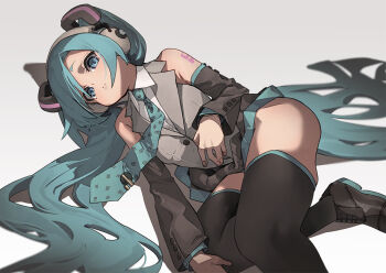 1girl aqua_eyes aqua_hair aqua_necktie black_skirt black_sleeves black_thighhighs commentary_request detached_sleeves fu-ta gradient_background grey_background grey_jacket hatsune_miku jacket long_hair lying necktie on_side ooarai_school_uniform school_uniform skirt solo thighhighs thighs twintails very_long_hair vocaloid
